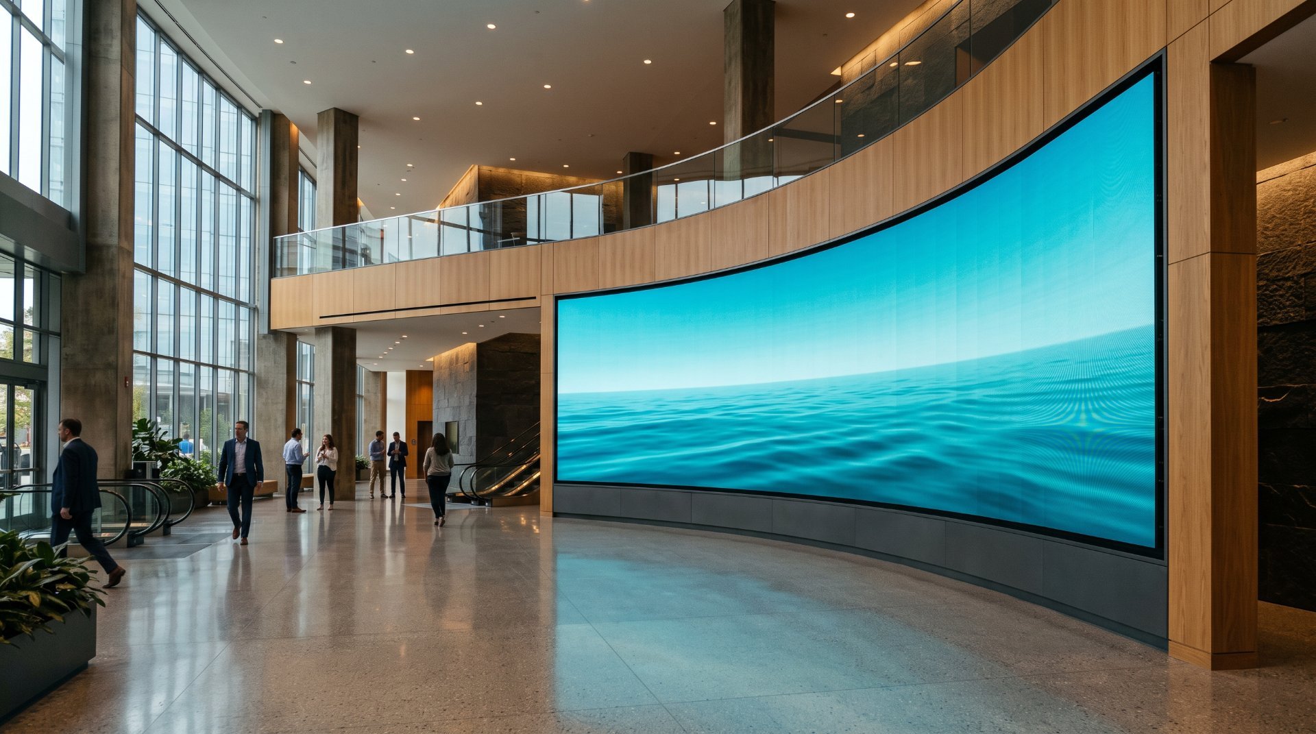 NARVEND reference image: concave curved LED display wall in a double-height lobby