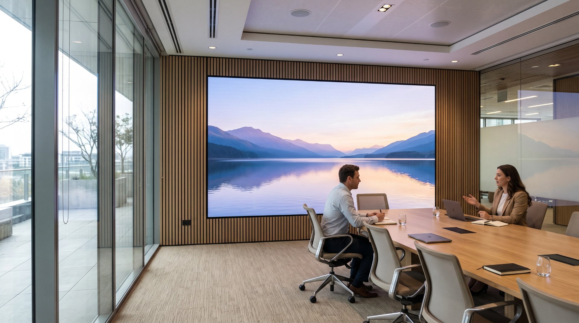 NARVEND reference image: fine pitch LED display wall in a corporate meeting room