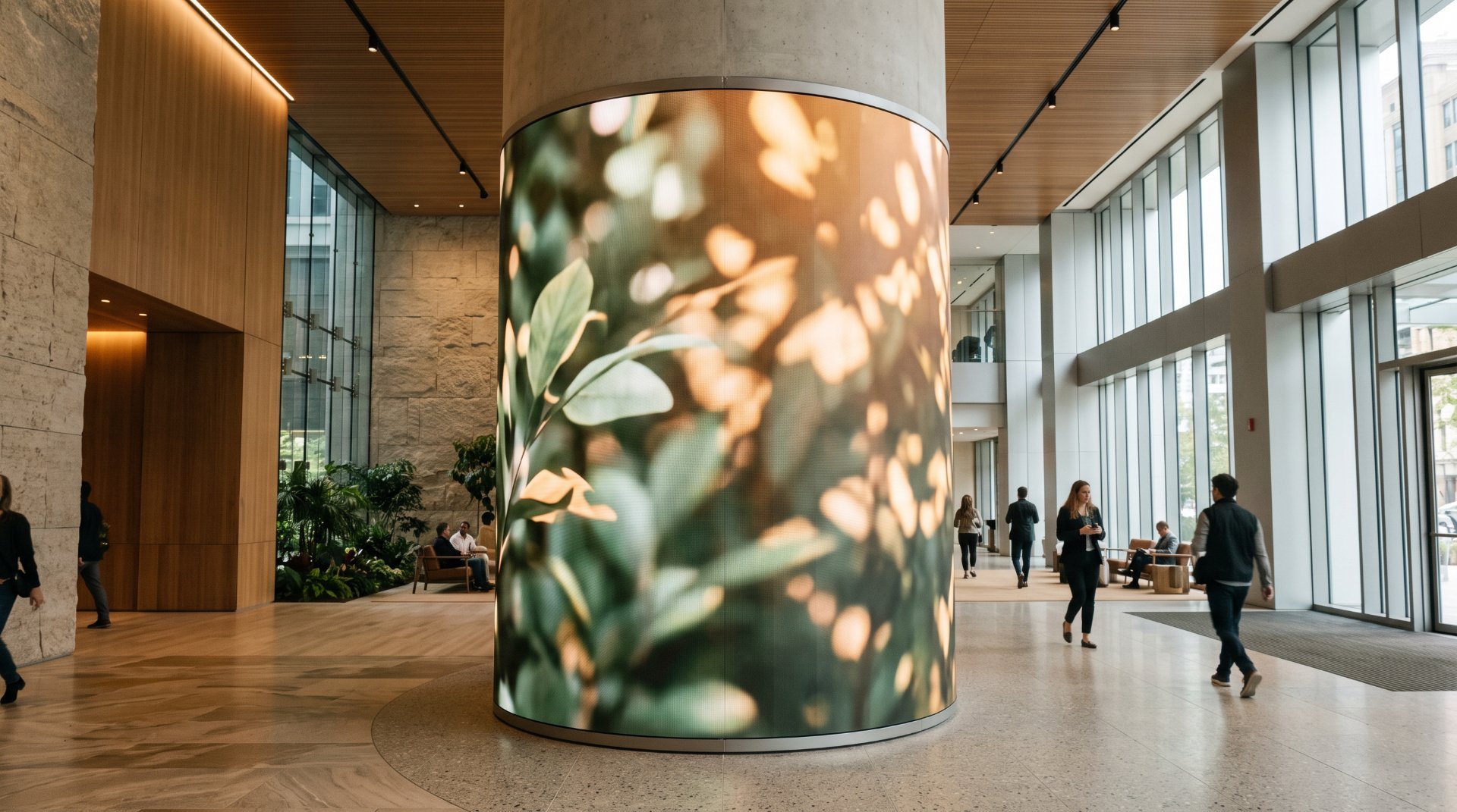 NARVEND reference image: flexible LED display wrapped around a cylindrical column in a lobby