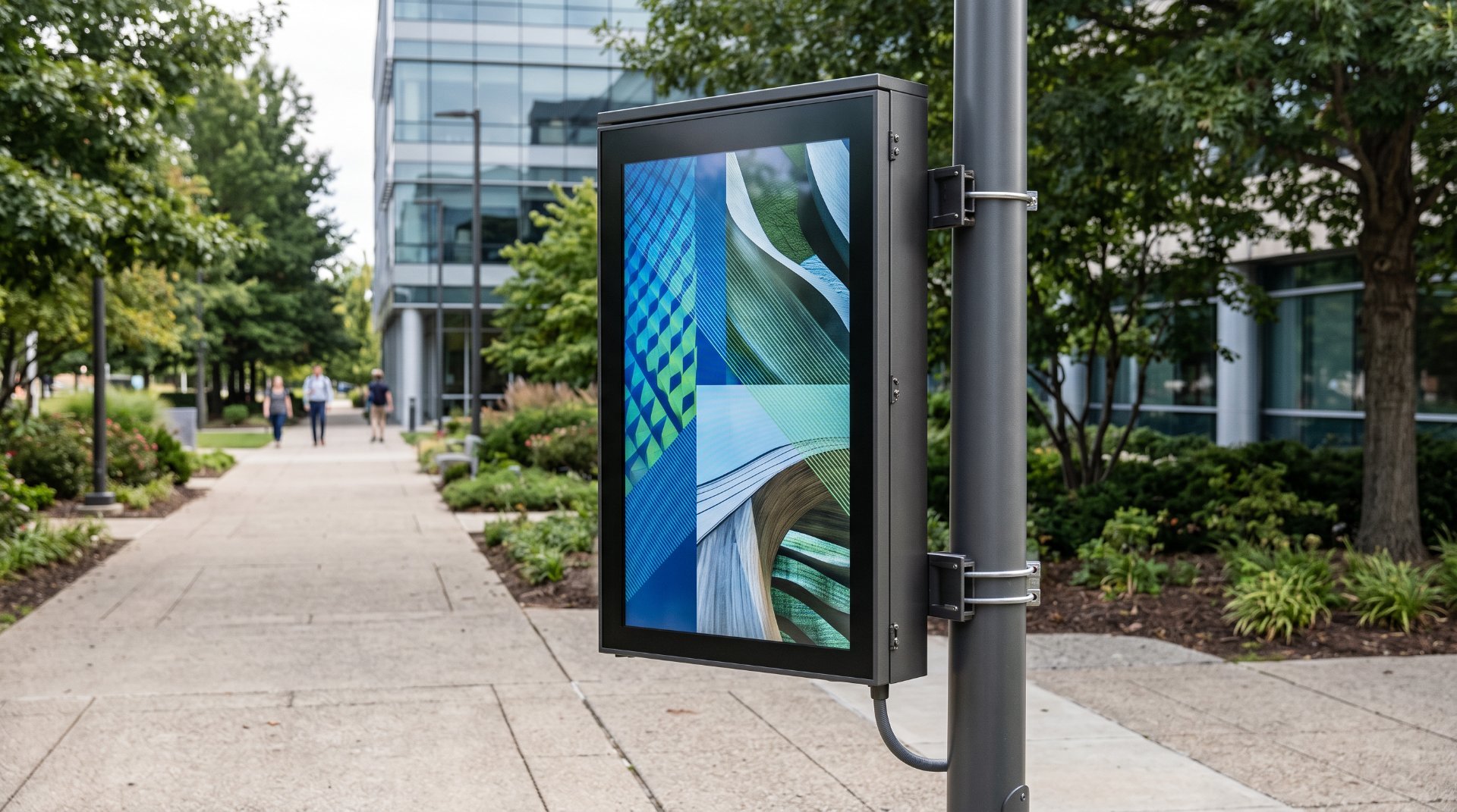 NARVEND reference image: LED pole display mounted on a street pole along a campus walkway, showing portrait content