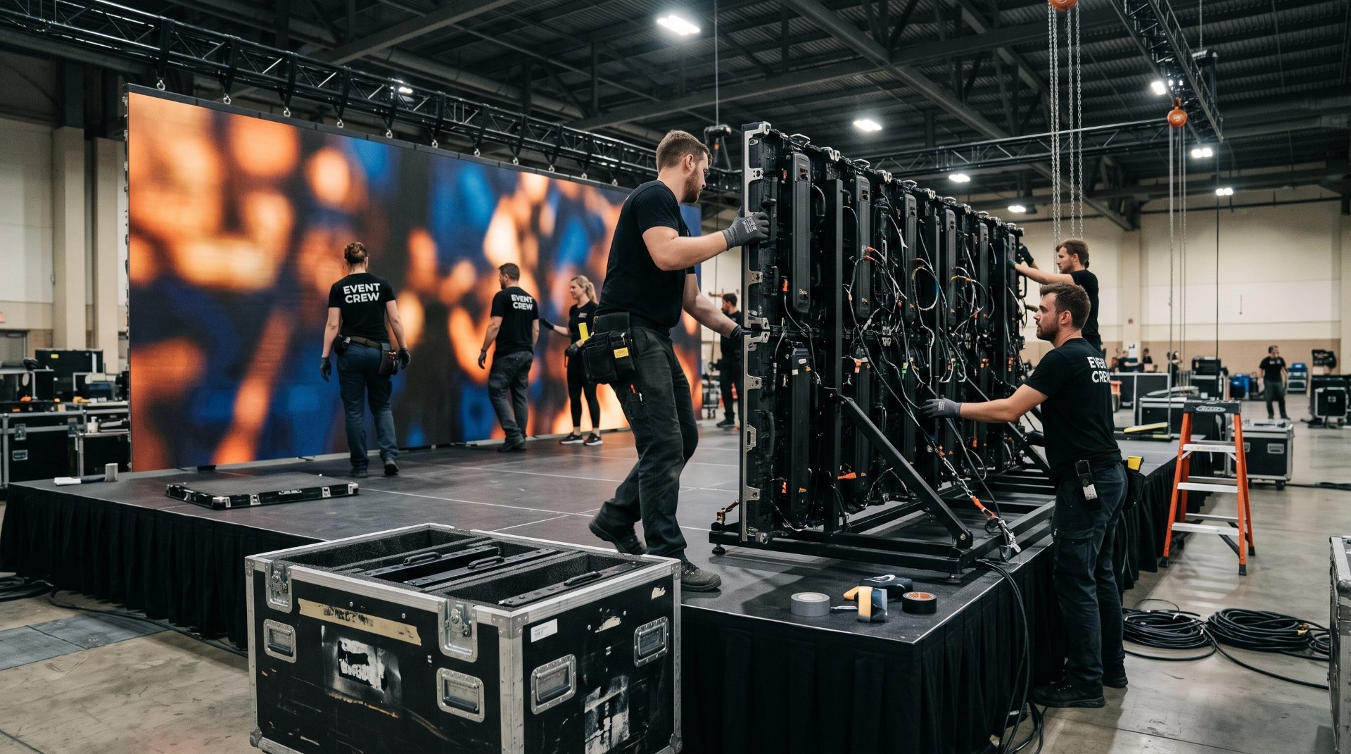 NARVEND reference image: rental LED display panels and ground support rigging at an event venue