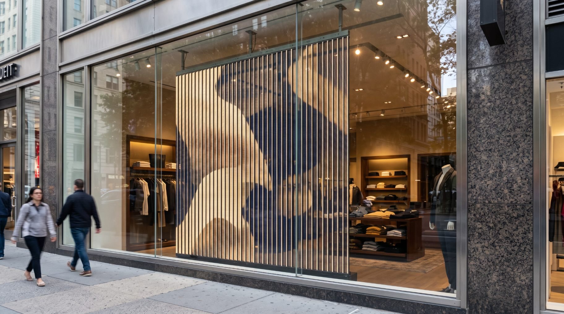 NARVEND reference image: transparent LED display mounted in a retail shop window, content visible through the glass